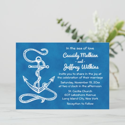 Invitation Ancre nautique Mariage de couleur bleu marine (Debout devant)