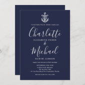 Invitation Ancre Nautique Marine Bleu Et Blanc Script Mariage (Devant / Derrière)