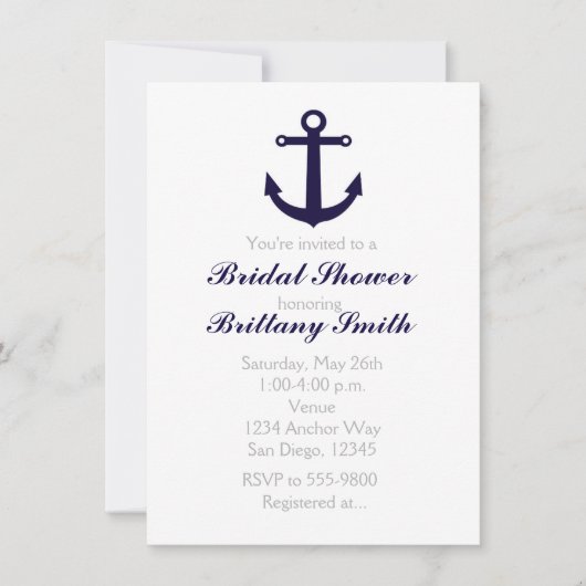 Invitation Ancre nautique Marine Blue Bridal Douche Invitatio (Devant)