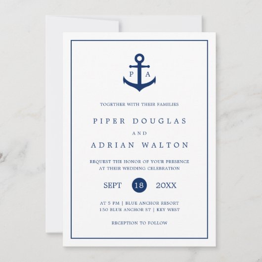 Invitation Ancre nautique Marine Blue Monogram Mariage (Devant)