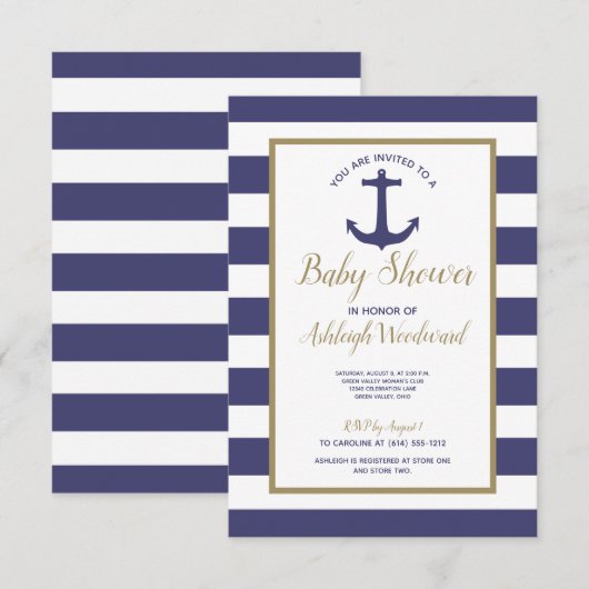 Invitation Ancre nautique Marine Blue Stripes Baby shower gar (Devant / Derrière)