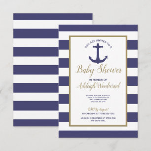Invitation Ancre nautique Marine Blue Stripes Baby shower gar
