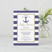 Invitation Ancre nautique Marine Blue Stripes Baby shower gar (Debout devant)