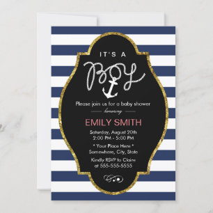 Invitation Ancre nautique Marine Blue Stripes Baby shower gar