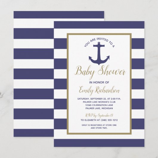 Invitation Ancre nautique Marine Blue Stripes Baby shower gar (Devant / Derrière)