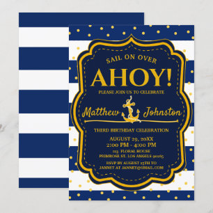 Invitation Ancre nautique Marine & Gold Stripe Baby Anniversa