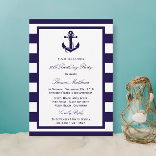 Invitation Ancre nautique Marine Stripe Beach Anniversaire