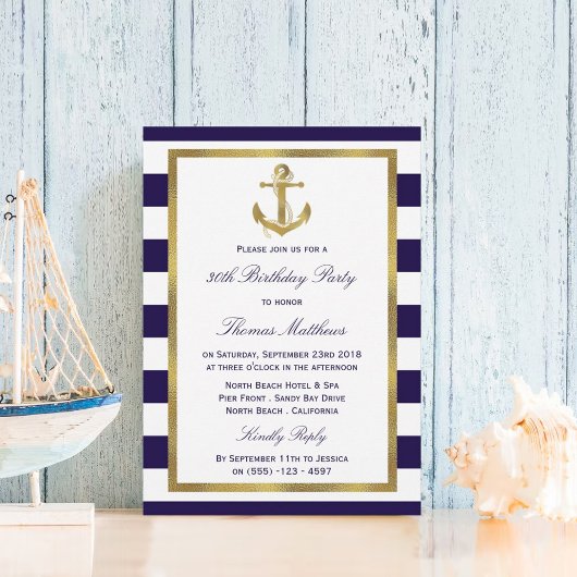 Invitation Ancre nautique Marine Stripe Beach Anniversaire