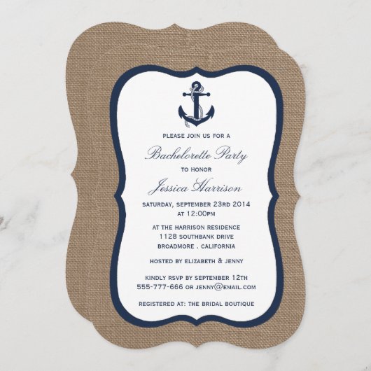 Invitation Ancre Nautique Marine Sur Burlap Bachelorette Part (Devant / Derrière)