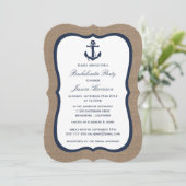 Invitation Ancre Nautique Marine Sur Burlap Bachelorette Part (Debout devant)