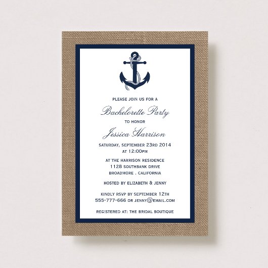 Invitation Ancre Nautique Marine Sur Burlap Bachelorette Part