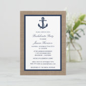 Invitation Ancre Nautique Marine Sur Burlap Bachelorette Part (Debout devant)