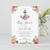 Invitation Ancre nautique moderne Baby shower floral fille (Debout devant)