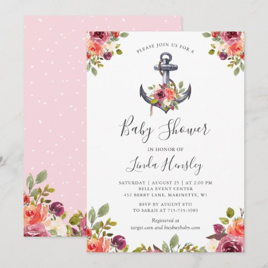 Invitation Ancre nautique moderne Baby shower floral fille (Devant / Derrière)