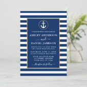 Invitation Ancre nautique moderne Gold Blue Stripes Mariage (Debout devant)
