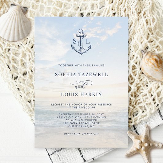 Invitation Ancre nautique Monogram Beach Mariage