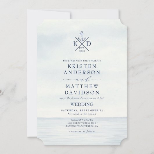 Invitation Ancre nautique Monogramme Aquarelle Mariage Océan (Devant)