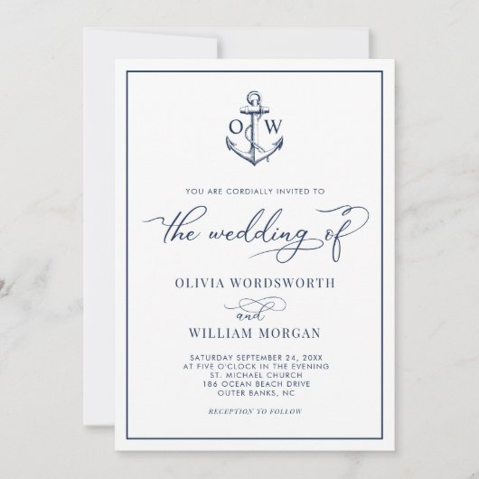 Invitation Ancre nautique Monogramme Mariage blanc (Devant)