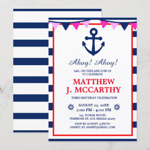 Invitation Ancre nautique Navire Bébé Stripe Bébé Anniversair