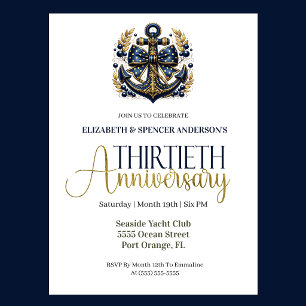 Invitation Ancre Naútíque Or Bleu 30e Anniversaire de Mariage