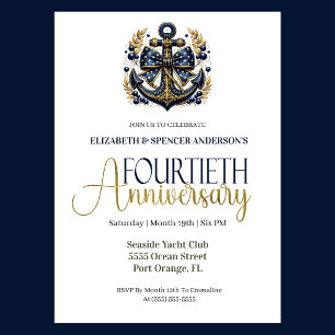 Invitation Ancre Naútíque Or Bleu 40e Anniversaire de Mariage