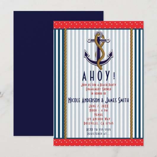 Invitation Ancre Naútíque Rayures Et Points Rouges Blancs Ble (Devant / Derrière)