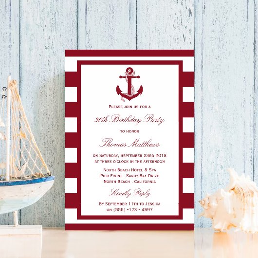 Invitation Ancre nautique Red Stripes Beach Anniversaire