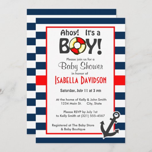 Invitation Ancre nautique sur les rayures bleues foncées de m (Devant / Derrière)