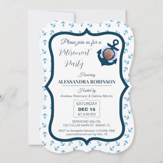 Invitation Ancre photo nautique et tons bleu marine Retraite (Devant)