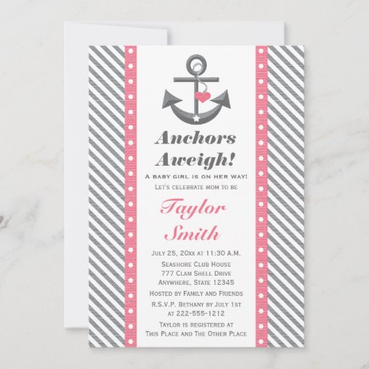 Invitation Ancre Polka rose et gris Baby shower nautique (Devant)