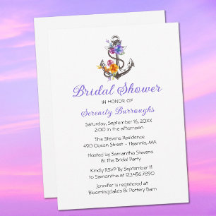 Invitation Ancre Purple Floral Fête des mariées marine