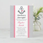 Invitation Ancre rose et gris Baby shower nautique (Debout devant)