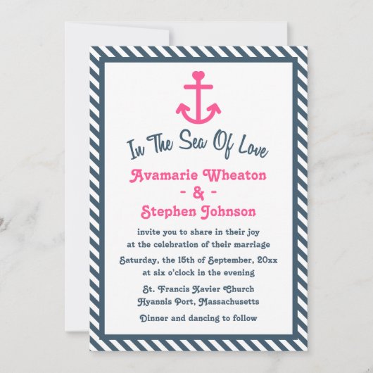 Invitation Ancre rose Nautical Navy Bleu Stripe Mariage (Devant)