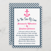 Invitation Ancre rose Nautical Navy Bleu Stripe Mariage (Devant / Derrière)