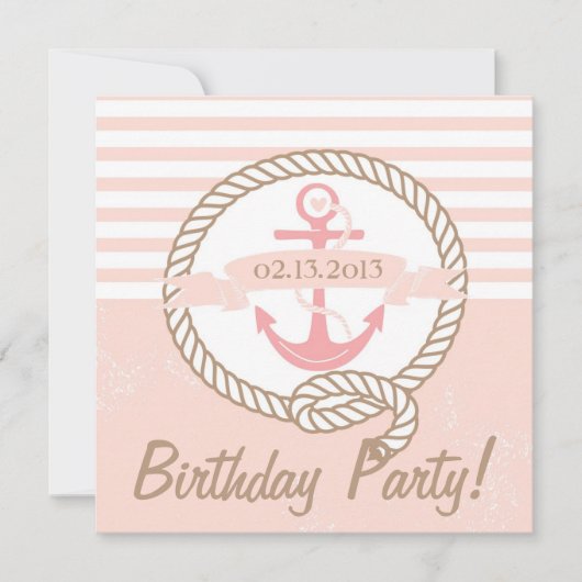 Invitation Ancre rose rayures Nautique Anniversaire Invitatio (Devant)