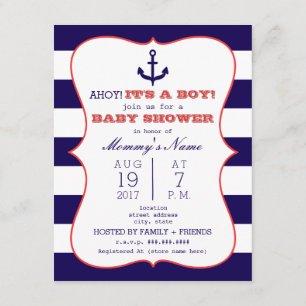 Invitation Ancre rouge + Bleu + Baby shower garçon Stripes