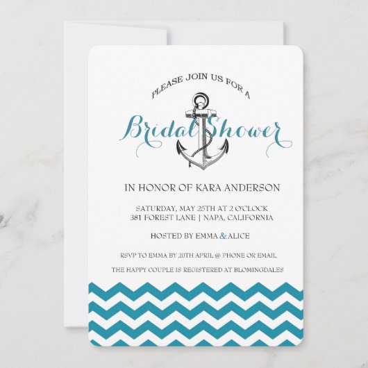 Invitation Ancre Turquoise Blue Chevron Fête des mariées naut (Devant)
