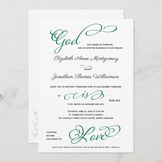 Invitation Ancre verte Dieu est Amour Mariage chrétien (Devant / Derrière)