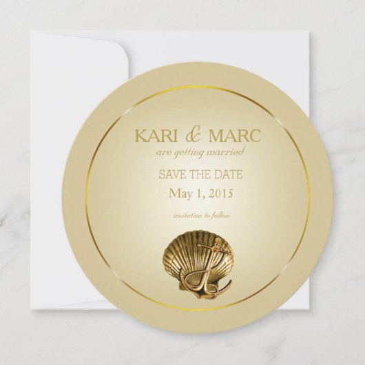 Invitation Ancrées Coquillage Save the Date | écru et or (Devant)