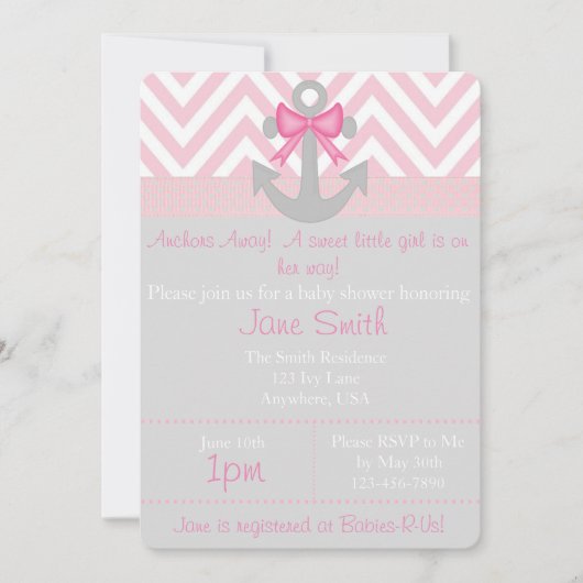 Invitation Ancres Away Girl Baby shower (Devant)