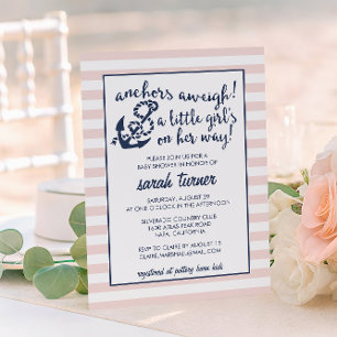 Invitation Ancres Aweigh ! Baby shower Nautique Rose fille
