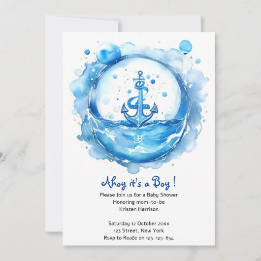 Invitation Ancres et vagues : Baby shower nautique aquarelle (Devant)
