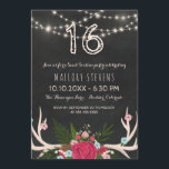 Invitation Andouillers de rose rouge - sweet sixteen rustique<br><div class="desc">Une invitation rustique de partie du bonbon 16 comportant les andouillers tirés par la main de cerfs communs décorés des fleurs, telles que les roses, trèfles, et le souffle du bébé, et la verdure, telle que la fougère et tout autre feuille. Entre les andouillers et les rangées floraux des lumières...</div>