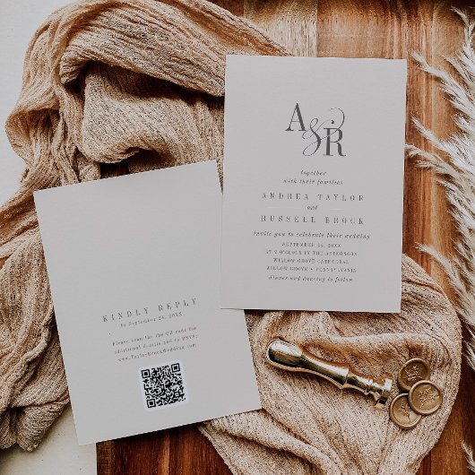 Invitation ANDREA Beige QR Code Mariage Classique Élégant