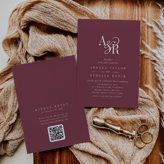 Invitation ANDREA Bourgogne Code QR Mariage Classique Élégant