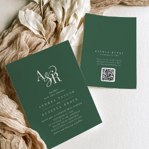 Invitation ANDREA Code QR Vert Foncé Mariage Classique Élégan