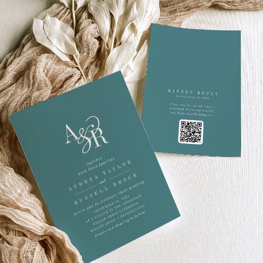 Invitation ANDREA Dark Teal QR Code Mariage Élégant Classique