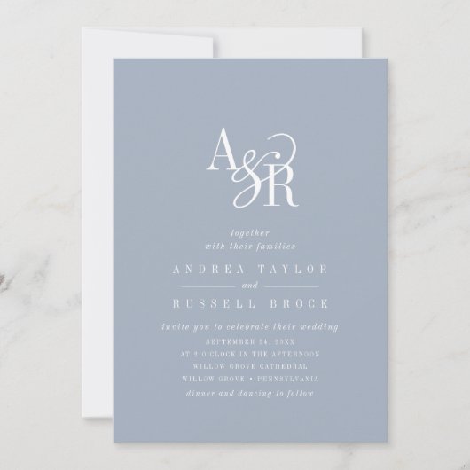 Invitation ANDREA Dusty Blue QR Code Classic Elegant Wedding (Devant)