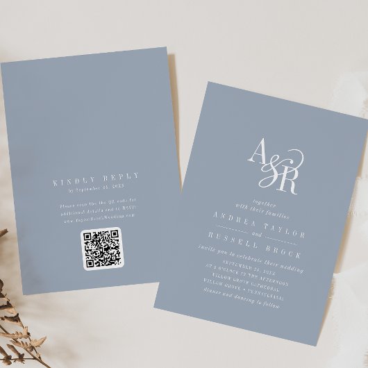 Invitation ANDREA Dusty Blue QR Code Classic Elegant Wedding