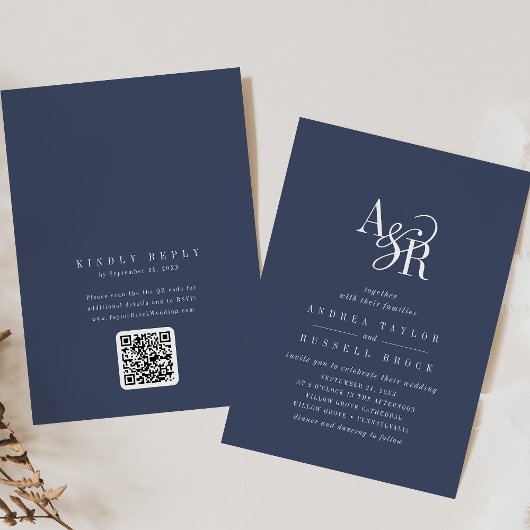 Invitation ANDREA Navy Blue QR Code Classic Elegant Wedding